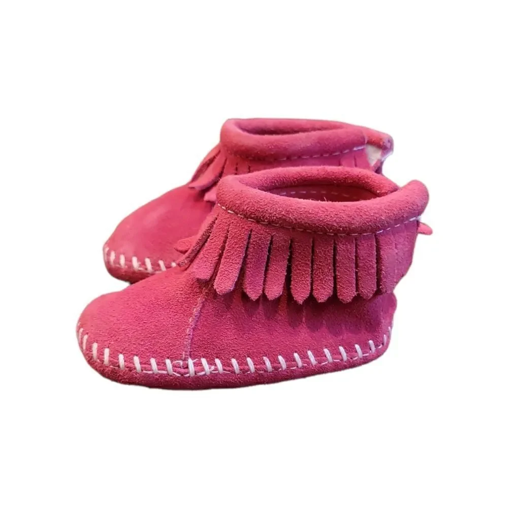 Minnetonka Fringe Moccasins Back Flap Bootie Hot Pink 1
